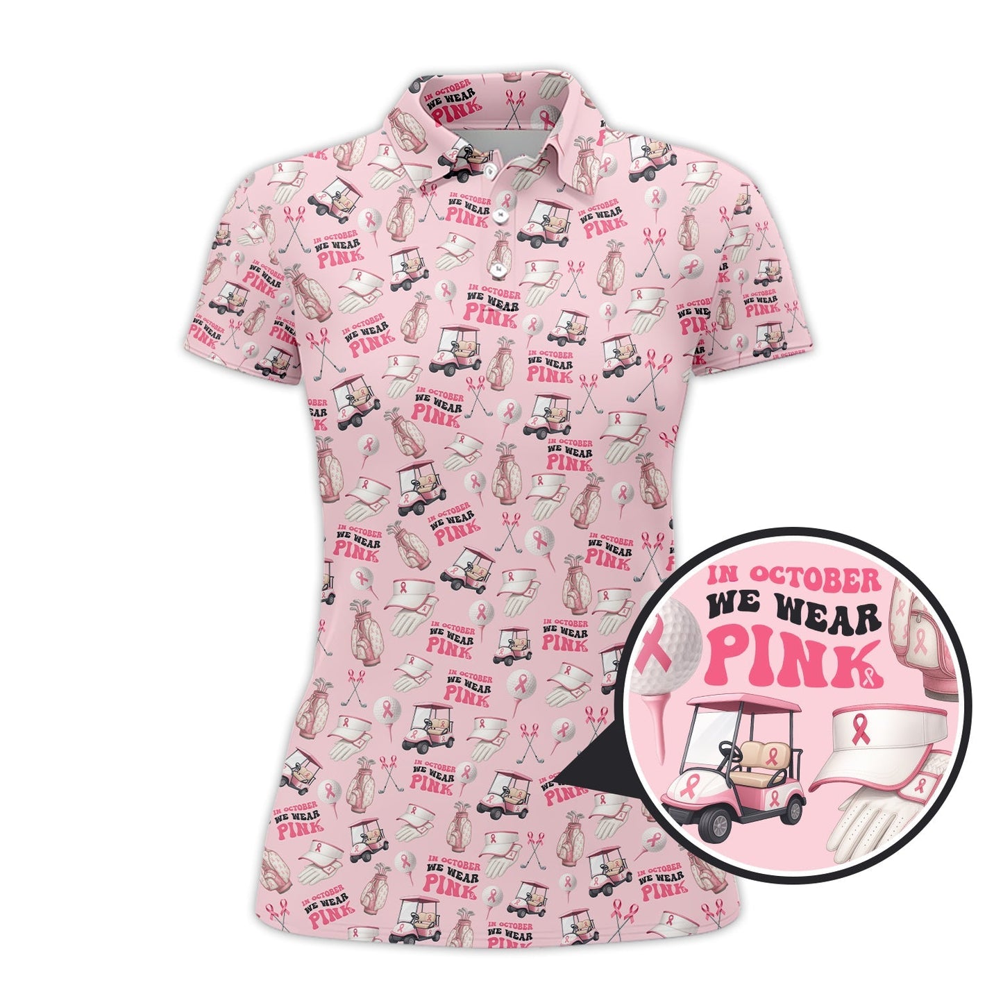 We Wear Pink In October Shirt For Golfer, Pattern Golf Shirt, Breast Cancer Golf Shirt For Women
