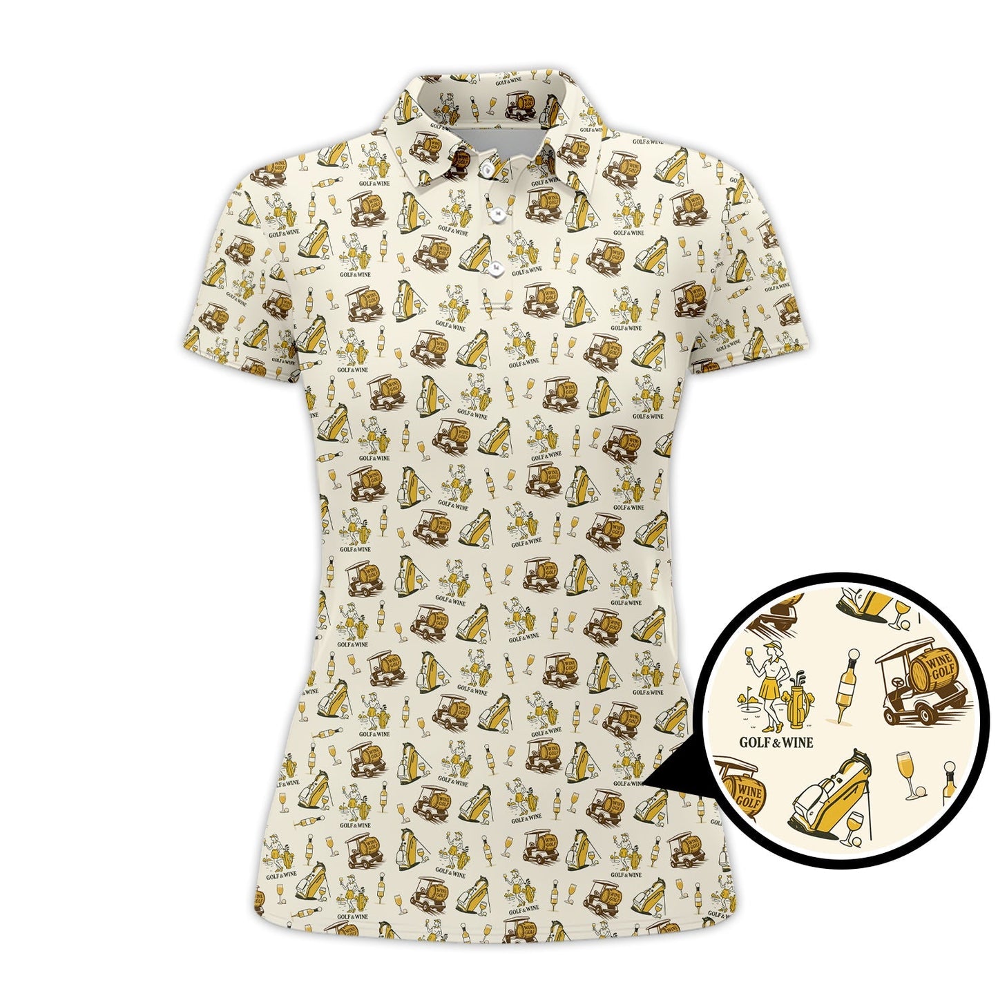 Yellow Golf Polos For Women, Funny Golf & Wine Shirts, Pattern Ladies Golf Shirt For Wine Lovers