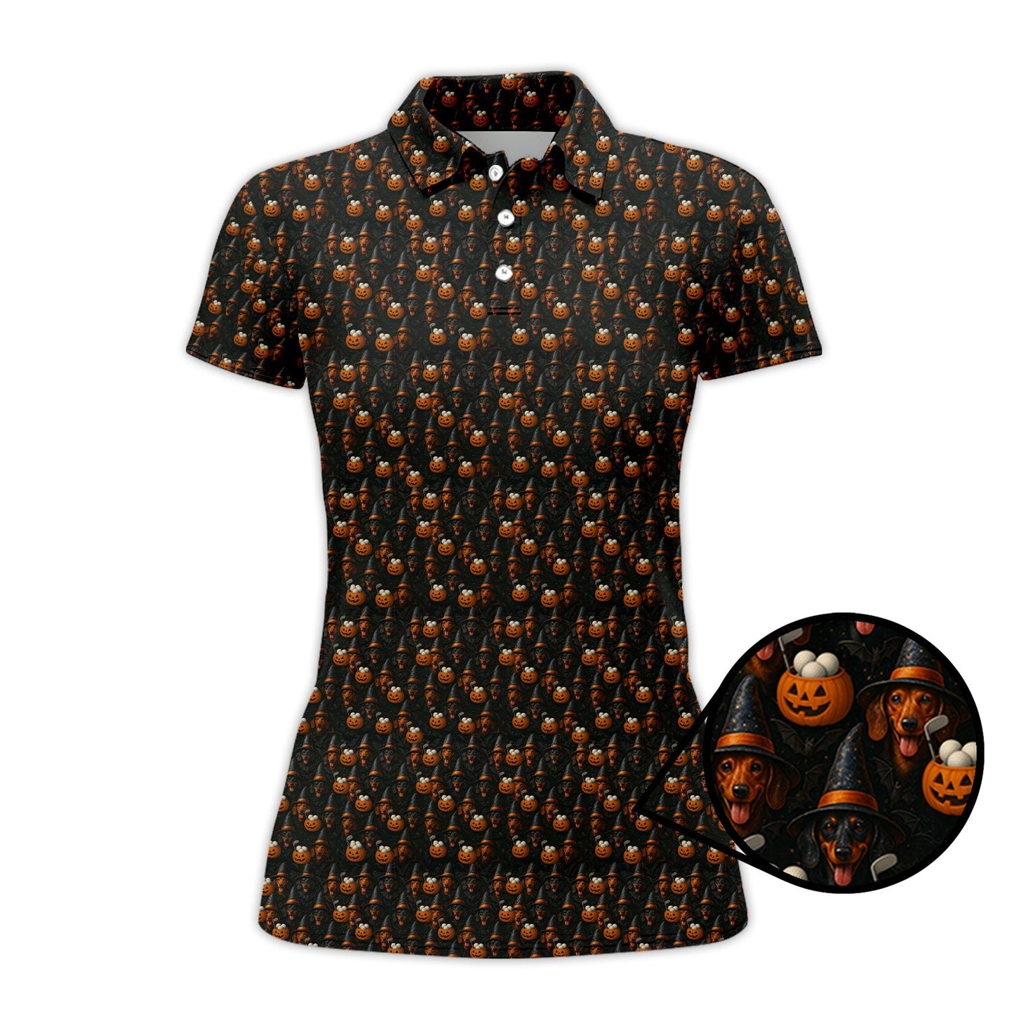 Halloween Dachshund Pattern Golf Shirt, Funny Dog Golf Polos, Spooky Halloween Golf Shirt For Golfer