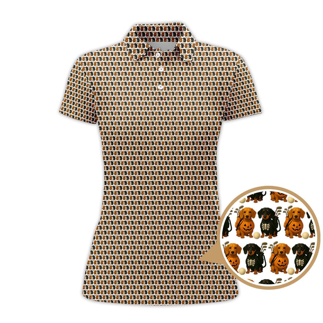 Halloween Golf Shirt, Dachshund Pattern Golf Shirt With Pumpkin And Skeleton, Funny Golf Shirt For Golfer, Dog Golf Shirt