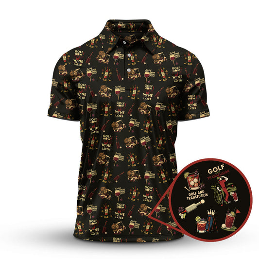 Wine Golf Shirt, Funny Ladies Golf Shirt, Wine And Golf Cart Pattern Polos