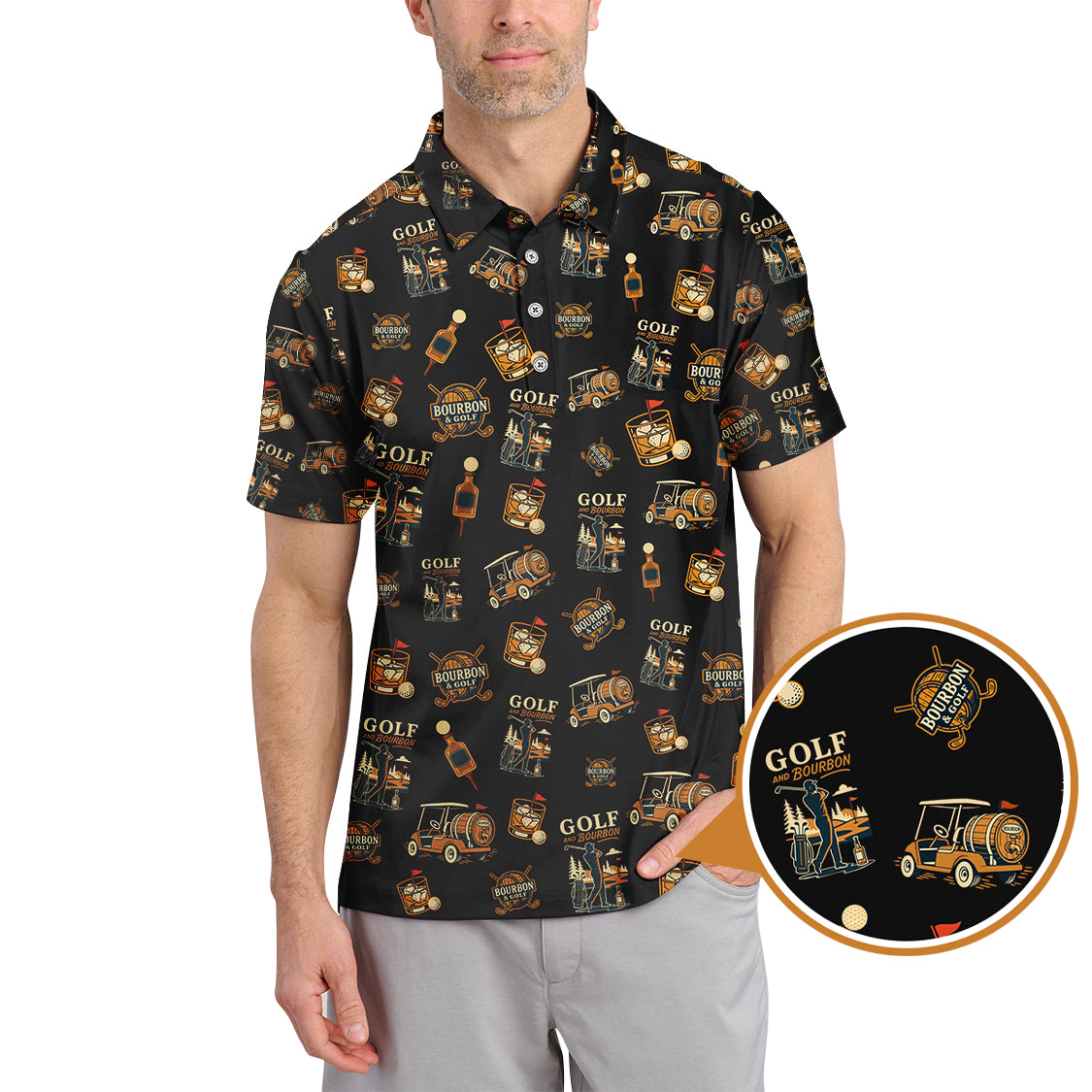 Golf and Bourbon Pattern Polos, Funny Bourbon Shirt For Men, Crazy Golf Shirts For Golfers