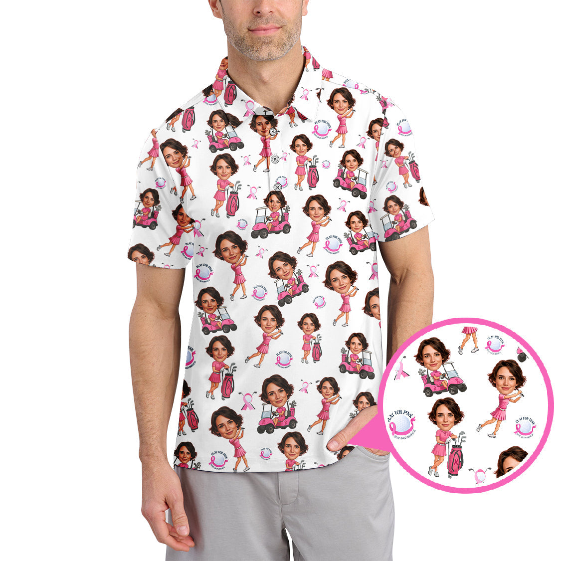 Breast Cancer Golf Shirt With Custom Face, Ladies Golf Shirts For Golfer, Funny Womens Pattern Golf Shirt