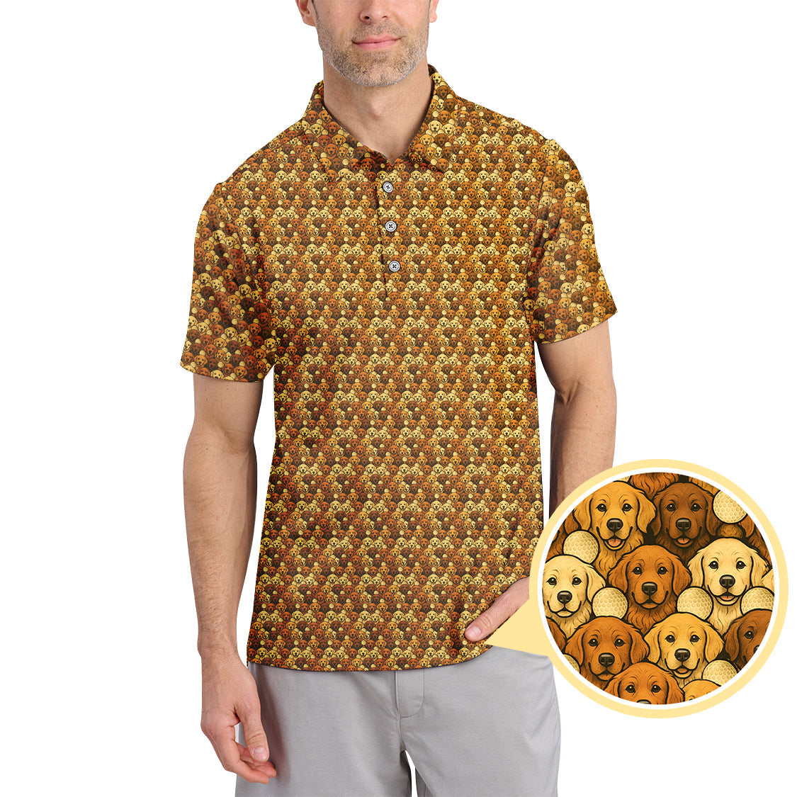 Crazy Golf Polos For Men, Golden Retriever Pattern Golf Shirt, Funny Golf Shirts