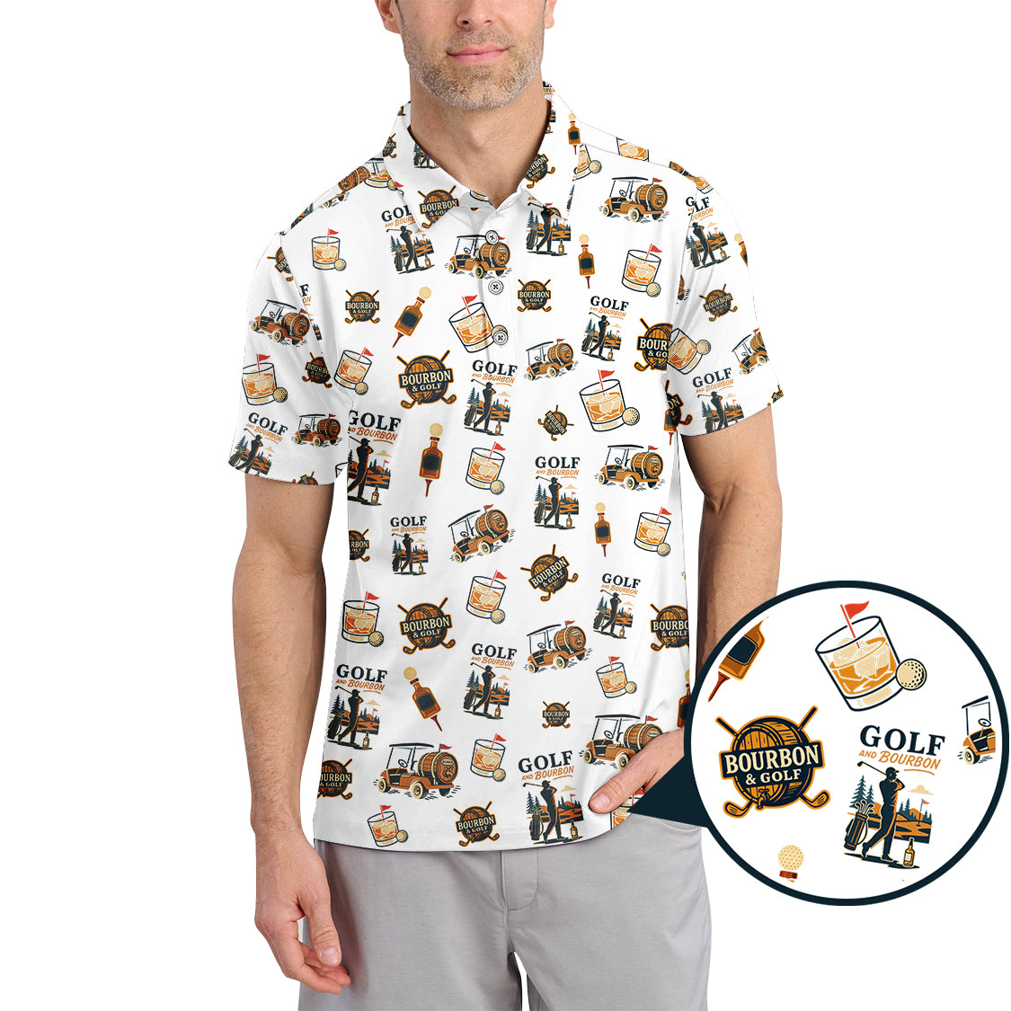 Golf and Bourbon Pattern Polos, Funny Bourbon Shirt For Men, Crazy Golf Shirts For Golfers