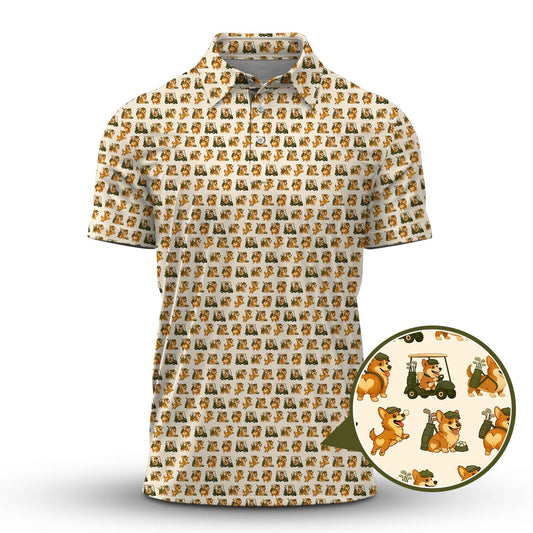 Corgi Golf Pattern Shirt, Cute Dog Golf Polo For Pet Lovers And Golfers, Funny Golf Polos For Men's