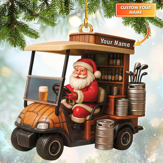 Personalized Santa Golf Cart Ornament, Funny Beer And Golf Ornament, Custom Golf Christmas Ornaments For Golfer