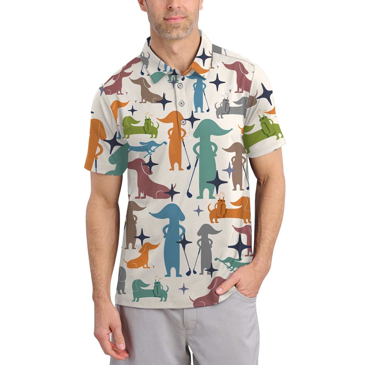 Men' Pattern Golf Shirt, Funny Dachshund Golf Shirt, Crazy Golf Shirt For Golfer