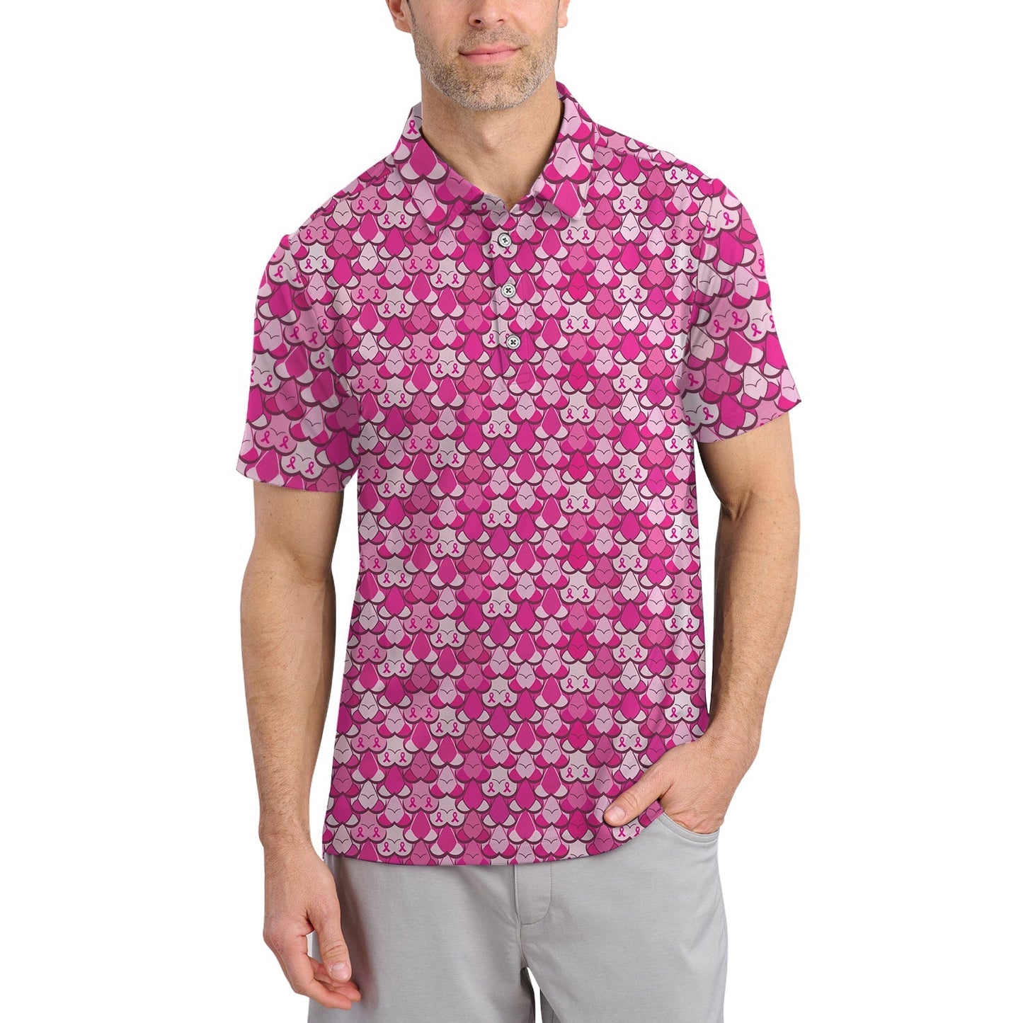 American Tatas Funny Golf Shirt, Pattern Pink Breast Cancer Polos For Golfers