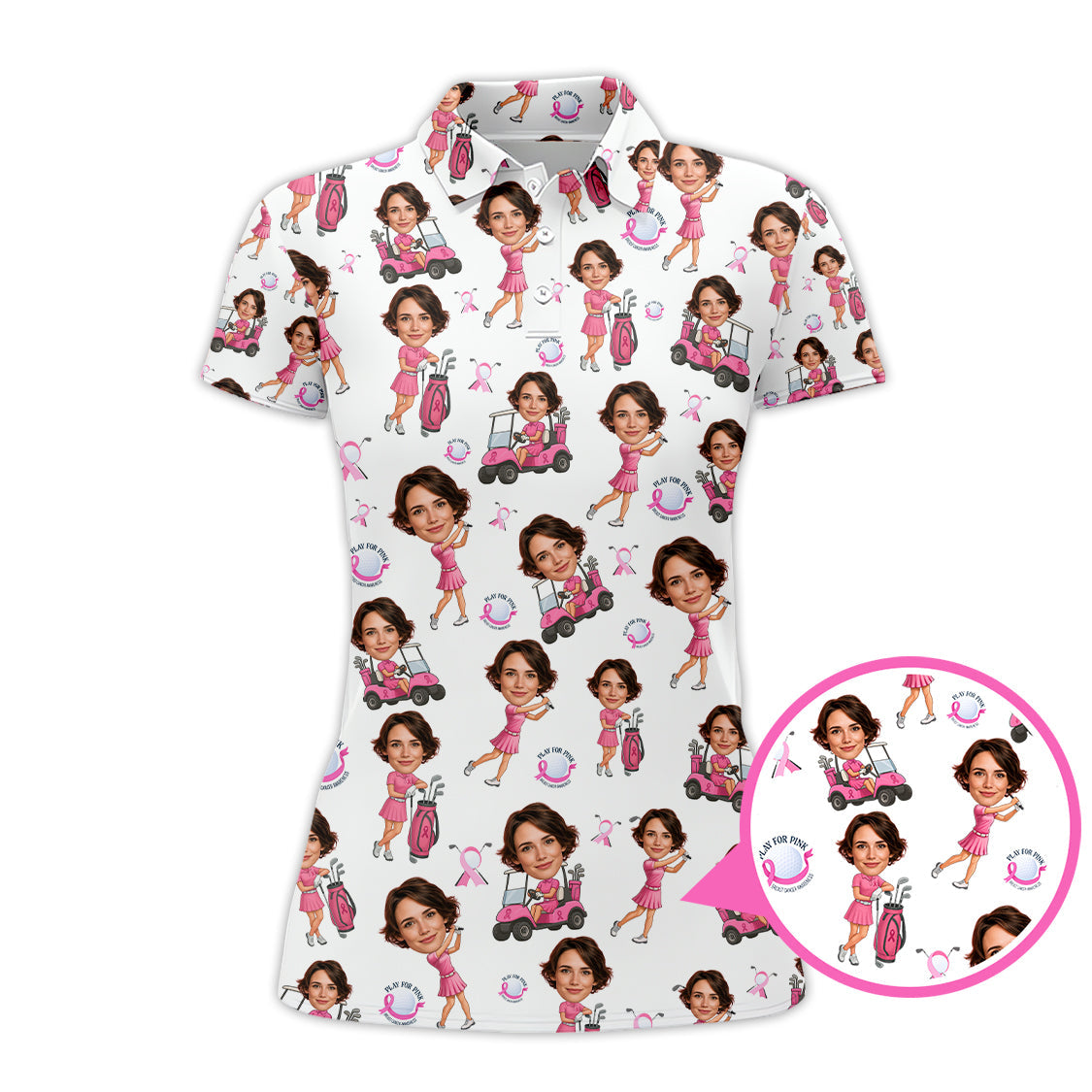 Breast Cancer Golf Shirt With Custom Face, Ladies Golf Shirts For Golfer, Funny Womens Pattern Golf Shirt