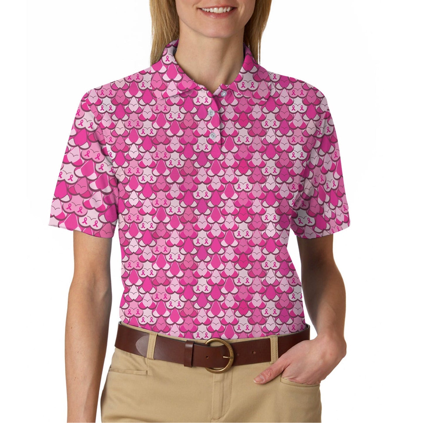 American Tatas Funny Golf Shirt, Pattern Pink Breast Cancer Polos For Golfers