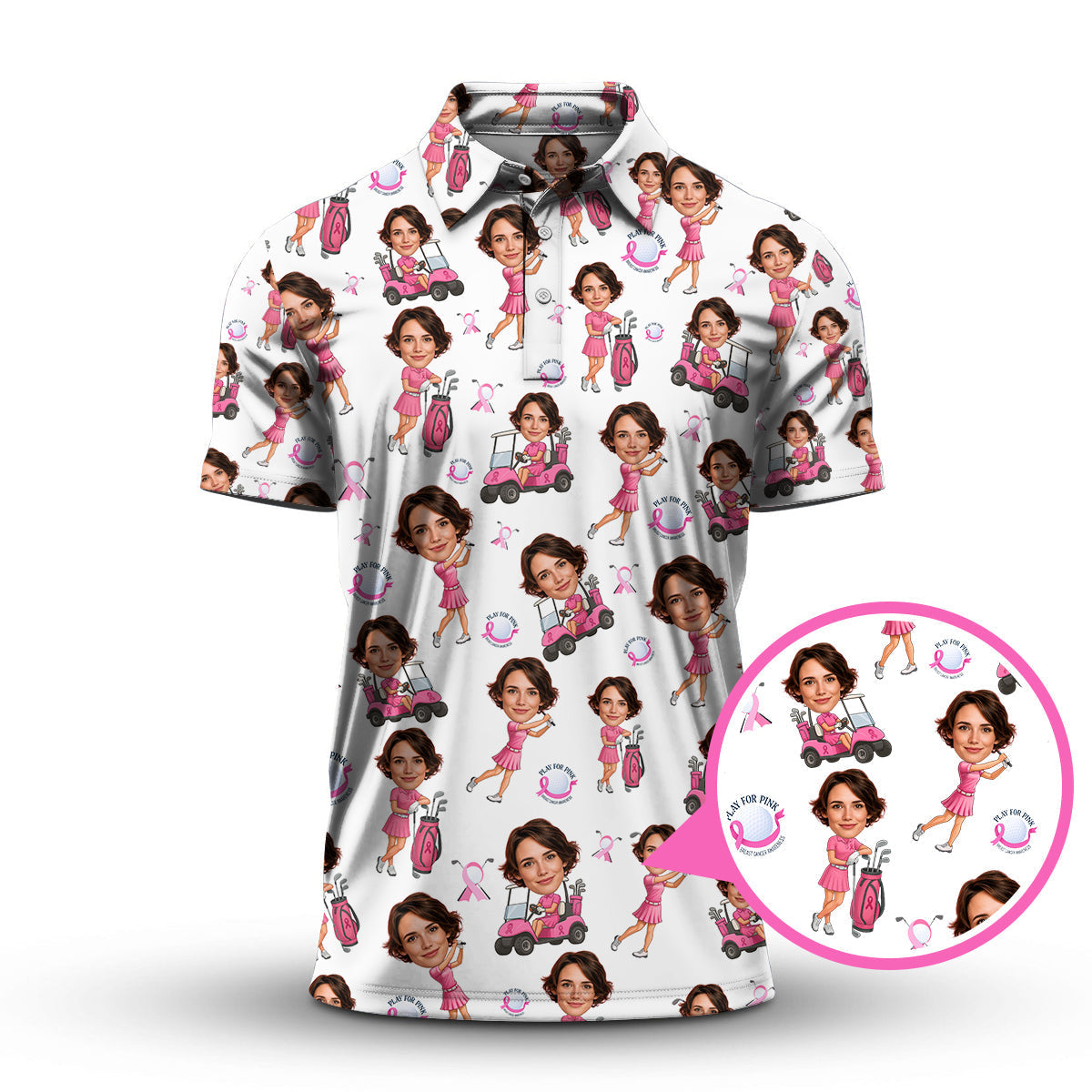 Breast Cancer Golf Shirt With Custom Face, Ladies Golf Shirts For Golfer, Funny Womens Pattern Golf Shirt