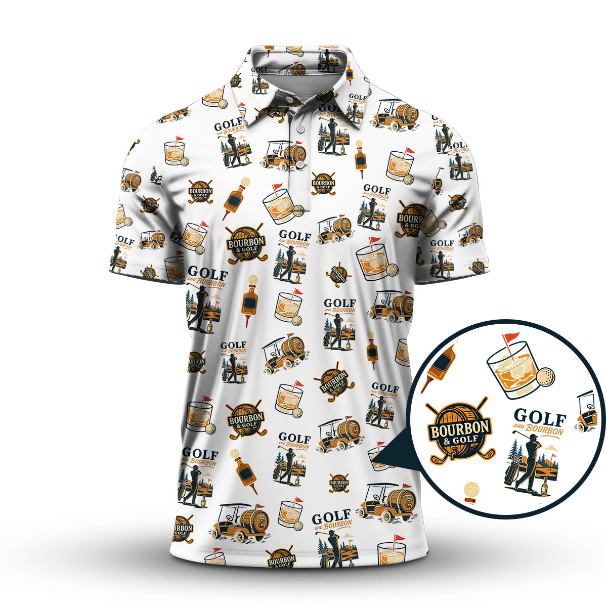Golf and Bourbon Pattern Polos, Funny Bourbon Shirt For Men, Crazy Golf Shirts For Golfers