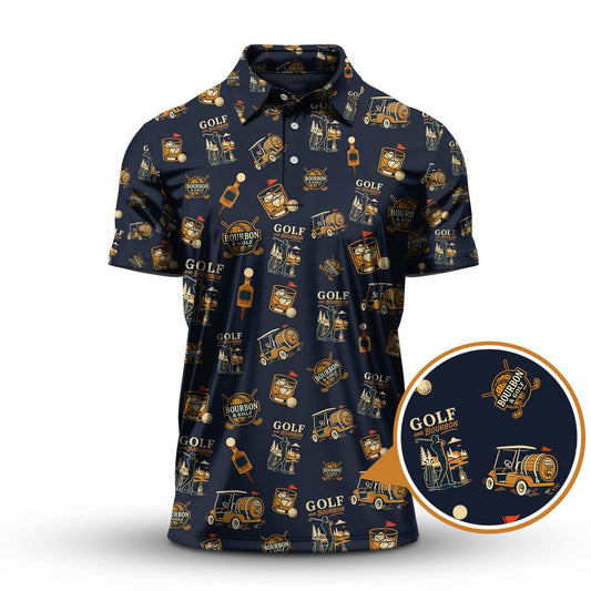 Golf and Bourbon Pattern Polos, Funny Bourbon Shirt For Men, Crazy Golf Shirts For Golfers